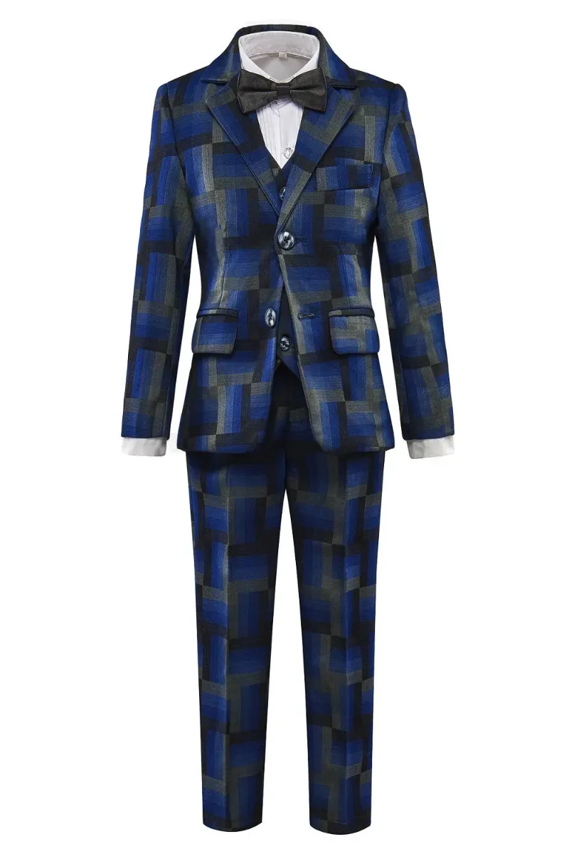 Wehilion Blue Unique Patterned Banquet 3 Piece Boys Suits, a rich blue patterned blazer, vest and pants set