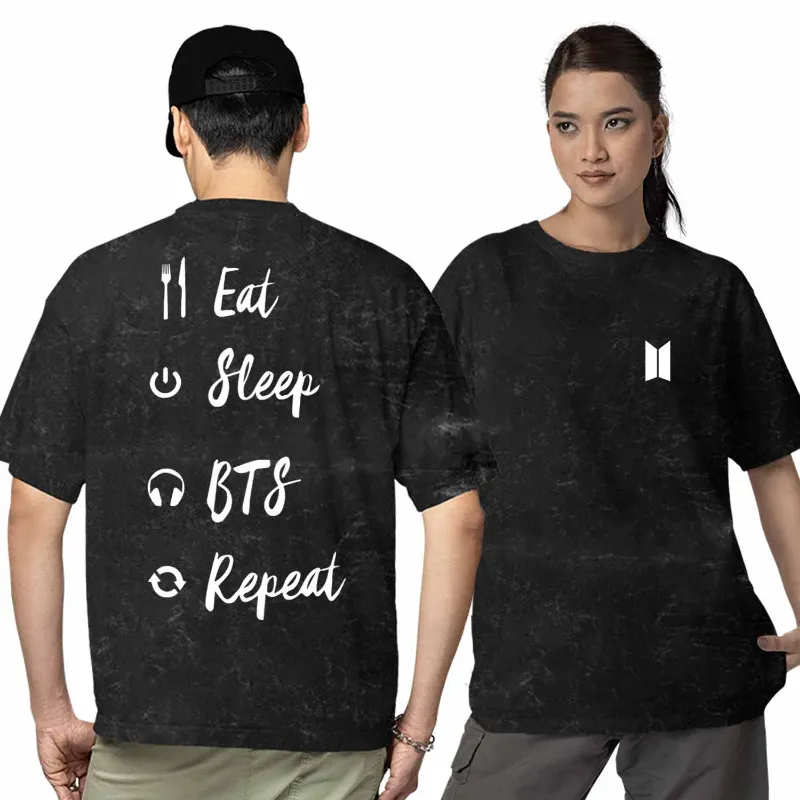 The Banyan Tee US BTS Oversized Acid Wash T shirt - Eat Sleep Repeat in oversized fit displayed flat