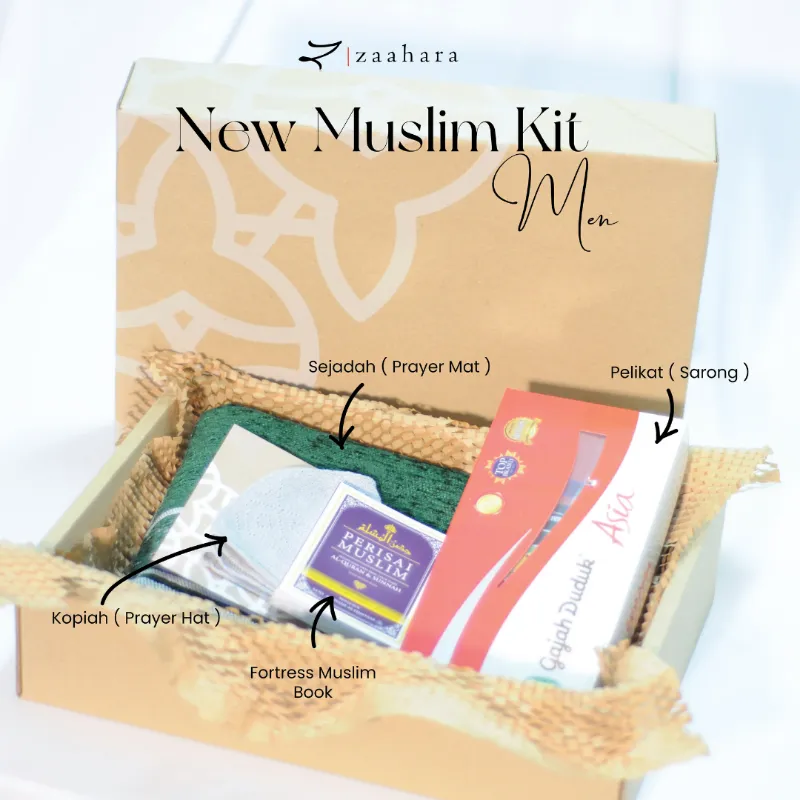 ZAAHARA New Muslim Kit for Men contents displayed, showing prayer essentials and handbook