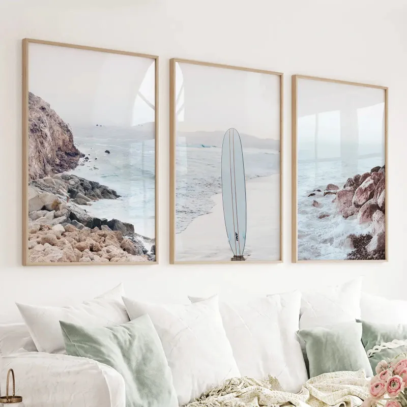 Wall Art Set 3 Piece Surf Wall Art Surfboard Blue Ocean Beach Rocks - coastal decor