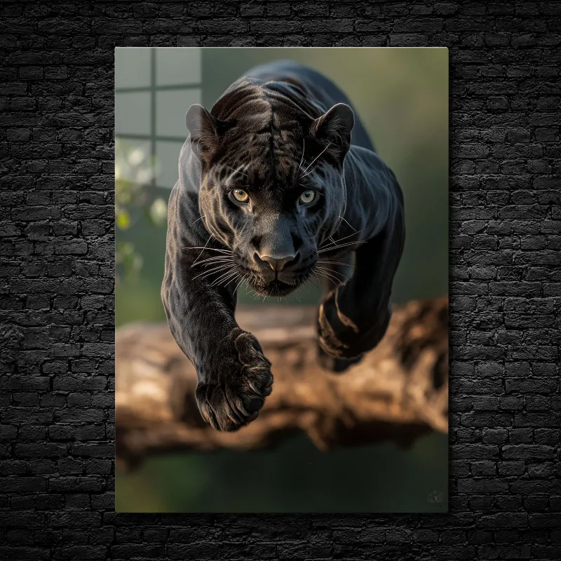 CruArt Stealth in Motion Metal Print showing black panther leaping with focused expression and raised claws
