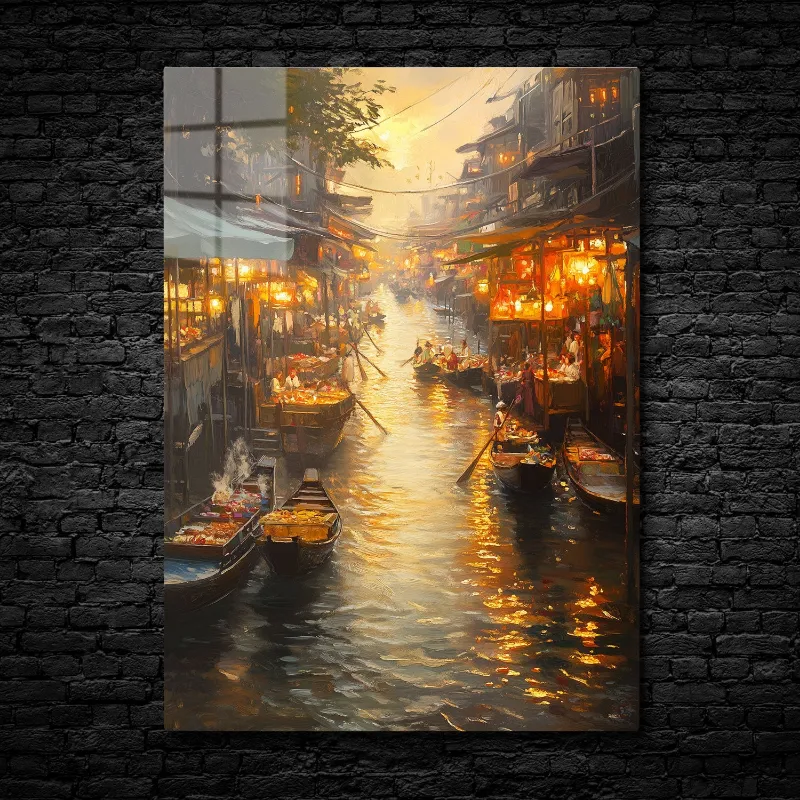 CruArt Golden River Market metal print showing floating market at dusk with lantern reflections