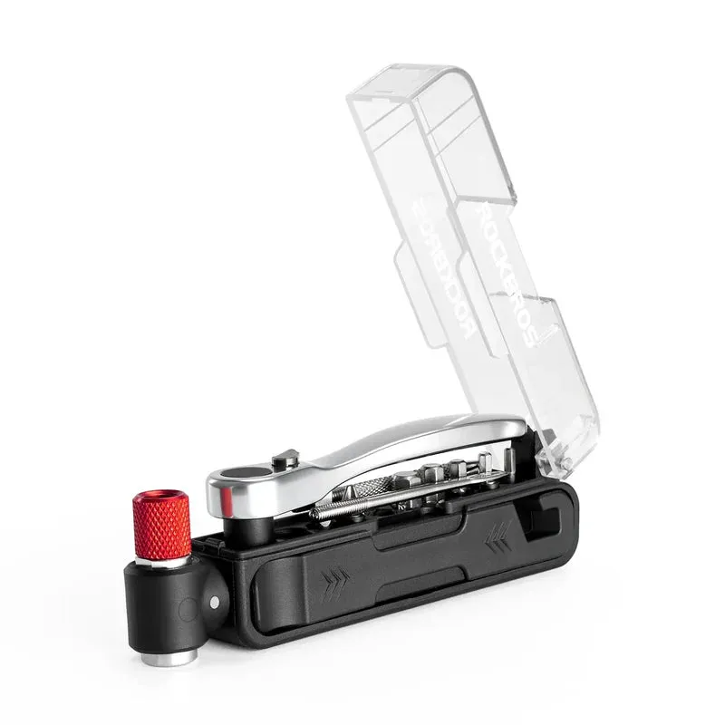 RockBros US 15-in-1 Compact Bike Ratchet Multi Tool showing ratchet wrench, bits, tire levers, and repair tools laid out