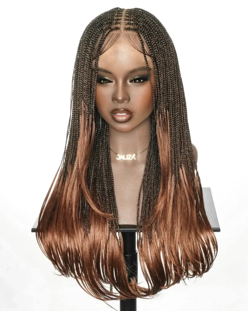 Jaliza 24-inch Micro Box 289 Strands Pre-Bleached Swiss HD Full Lace Braided Wig with Synthetic Curly Ends showing long micro braids with cu
