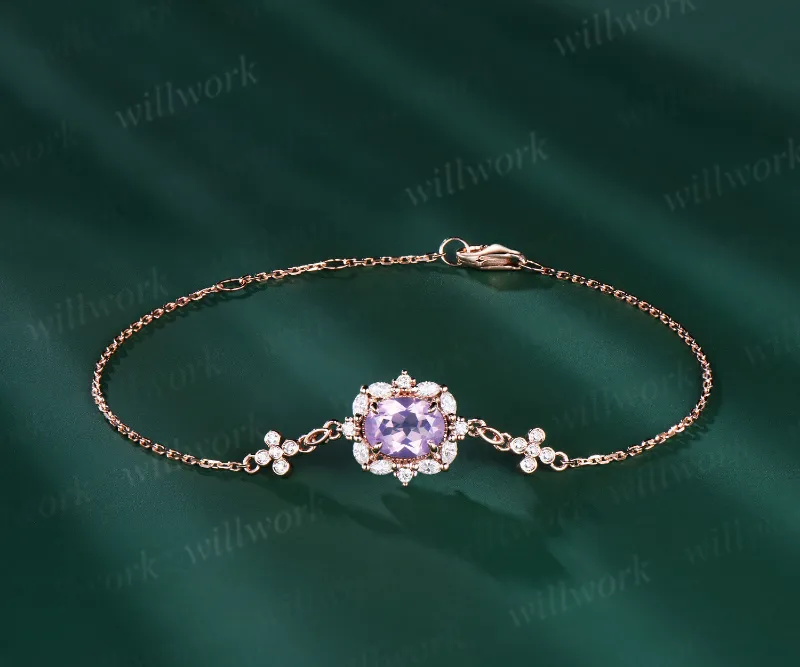 WillWork Jewelry 14K Real Rose Gold Oval Lavender Amethyst & Diamond Chain Bracelet