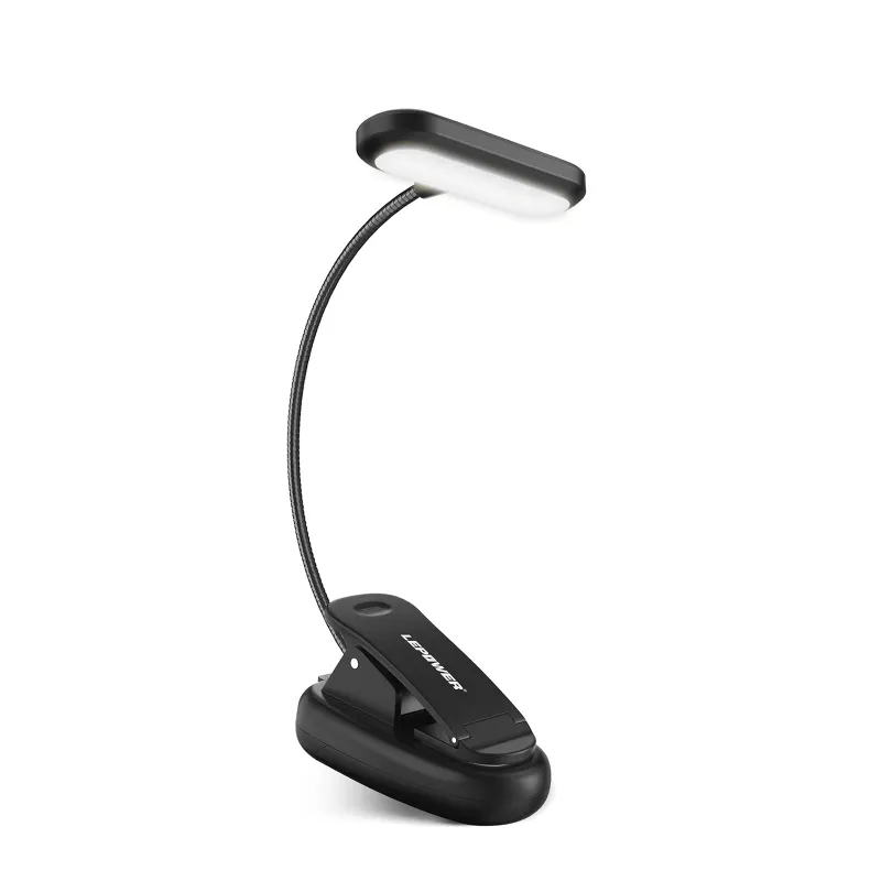 Lepower Tec Clip-on Book Light Eye-Caring Dimmable Battery Operated, closeup of flexible gooseneck and clip attachment