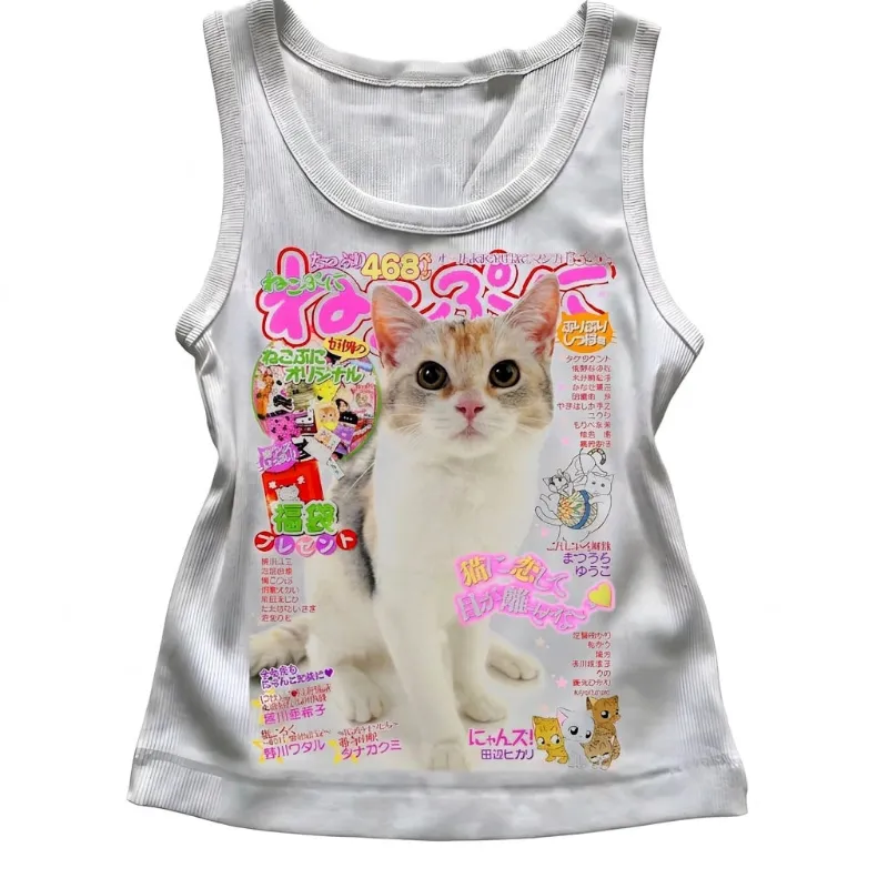 Shoptery Decora Kawaii Cat Magazine Print Ribbed Sleeveless Tank Top showing the graphic cat print
