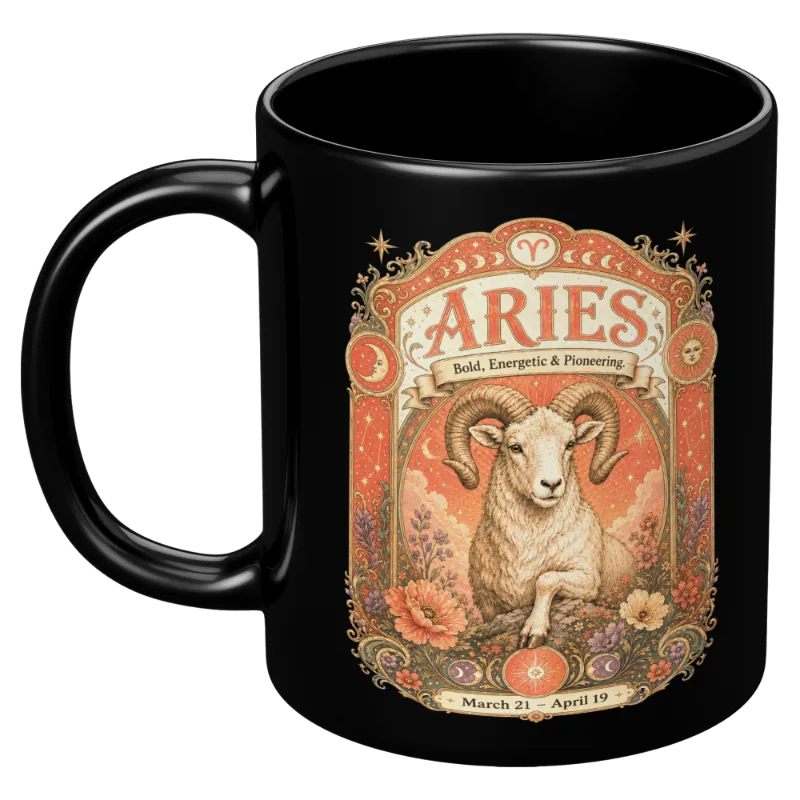 Spirit Nest Aries Zodiac Mug in glossy black with vintage ram and celestial artwork