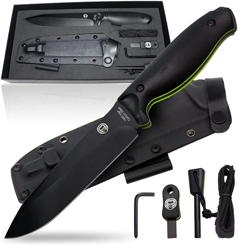 MyHackerTech The Fireline bushcraft survival knife giftset, black and green handle with included tools