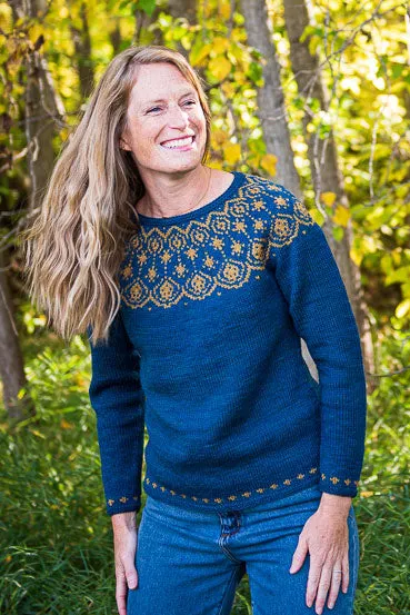 Kristen TenDyke Pleiades Pullover, a colorwork yoke sweater with star motifs at the neckline