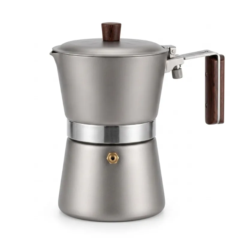 Valtcan Titanium Moka Pot with dark walnut handle, bare metal finish and spare gasket