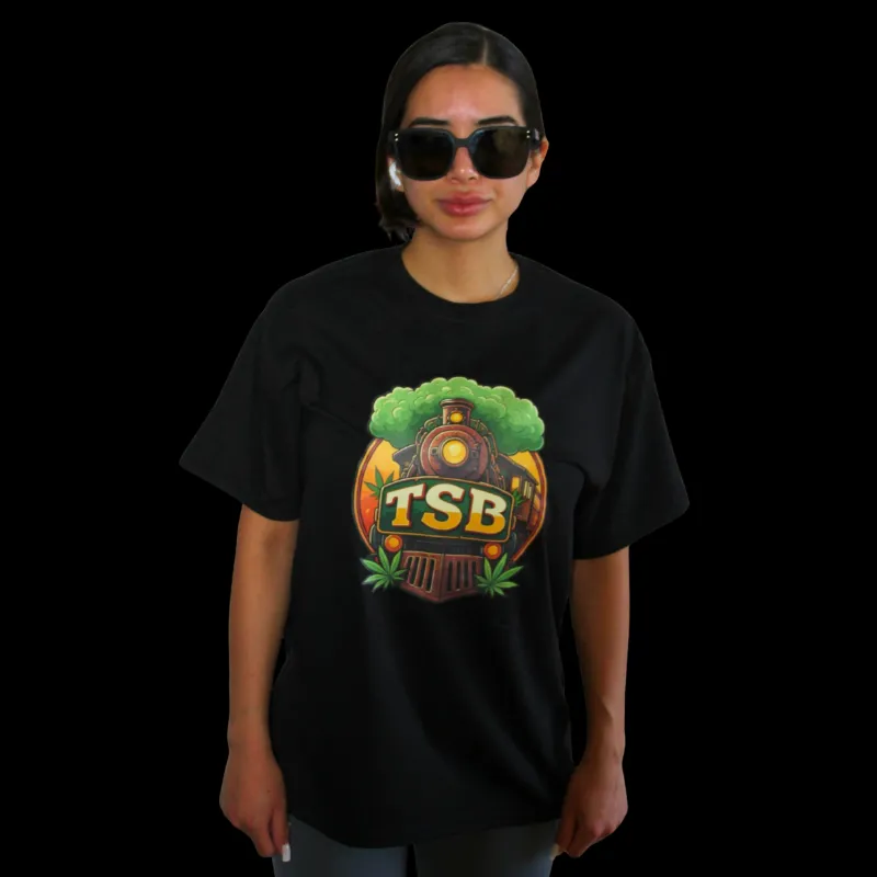 THCA Small Buds TSB Train T-Shirt, jet black tee with TSB Train graphic