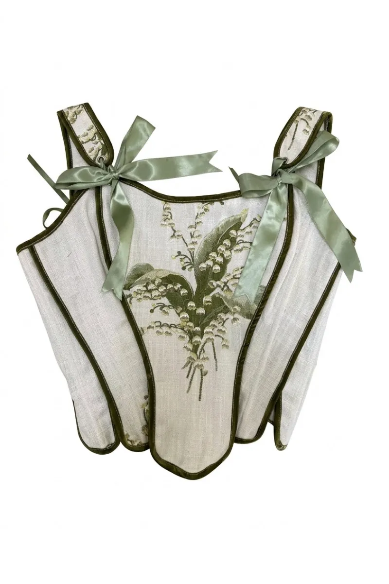 Cottagecore Clothes Lily of the Valley Embroidered Corset with sage velvet trim and botanical embroidery