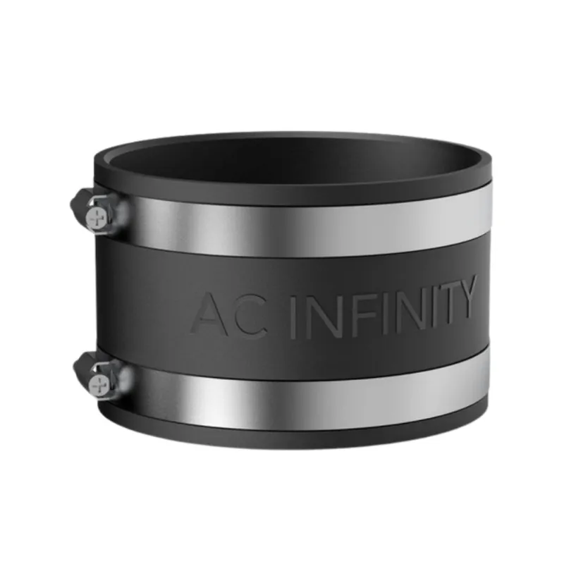 Mass Hydroponics AC Infinity Noise Reduction Clamp showing matte black rubber coupler with steel clamps