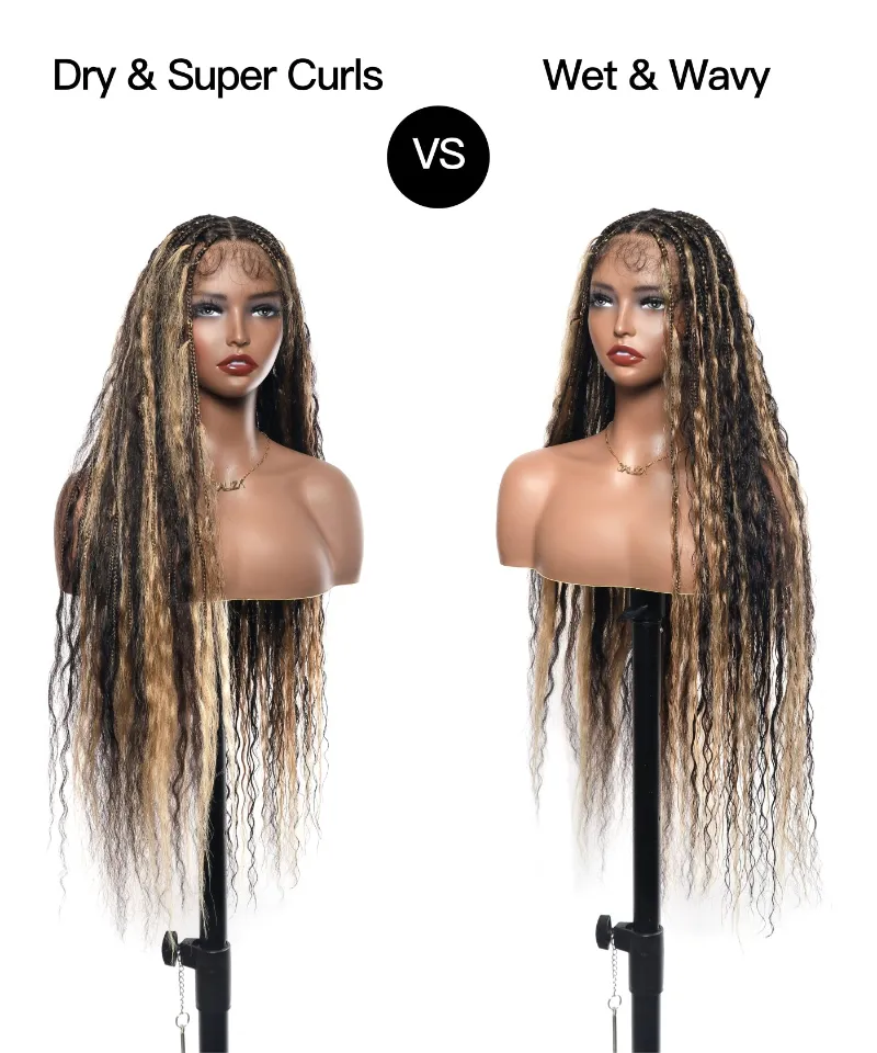 Jaliza 36 inch Piano Color Honey Blond & Black Pre Bleached Human Hair Lace Wet & Wavy Super Style HD Lace Knotless Boho Box Braided Wig
