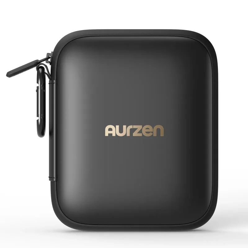 Aurzen CasePlay Compact Carrying Case for ZIP Projector in a travel setup with carabiner attached