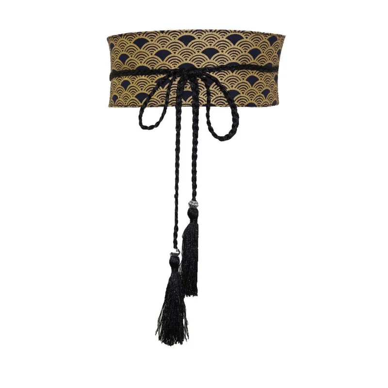 Foxtume Black Seigaiha Obi Sash with traditional wave pattern on satin fabric