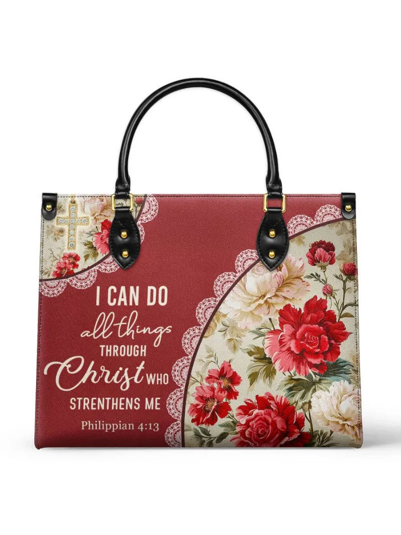 Catholight Blooming With Faith Leather Bag with Philippians 4:13 verse and floral design