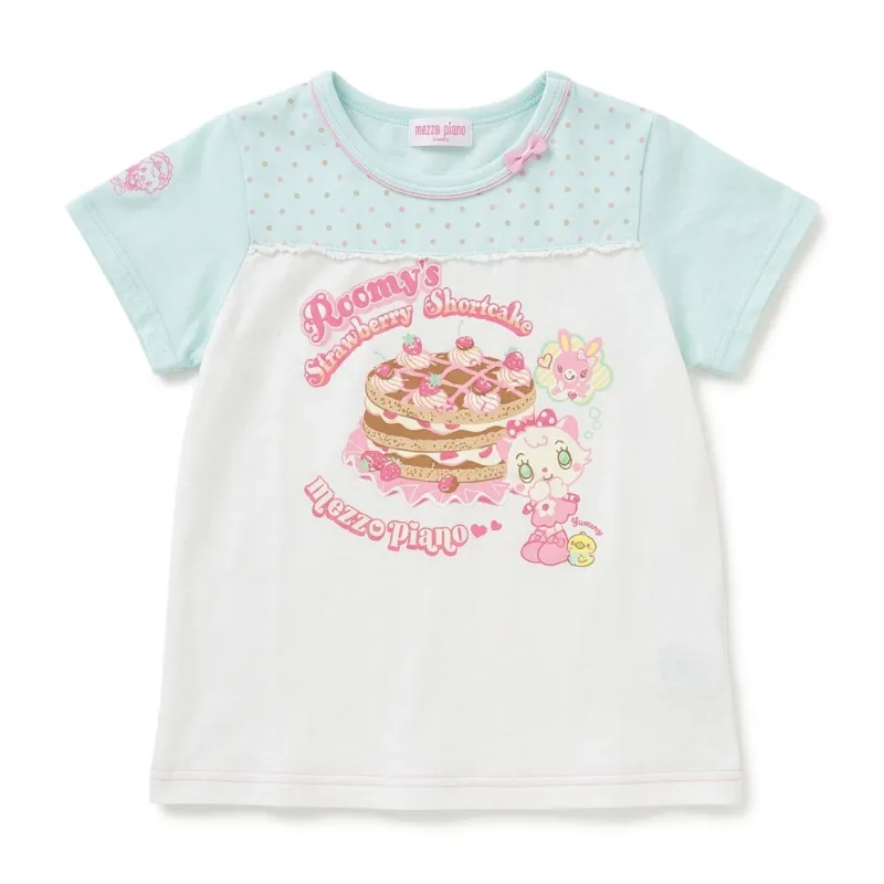 Shoptery Fairy Kei Mezzo Piano Strawberry Shortcake Pastel Graphic Tee, loose pastel tee with cartoon print and polka dot patchwork shown fl