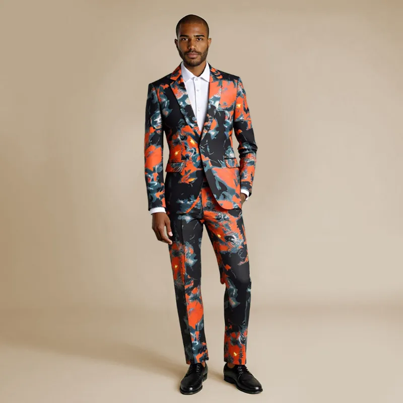 Cloudstyle D0070 Series 2-Piece Color-Blocked Ombre One-Button Suit Red, front view