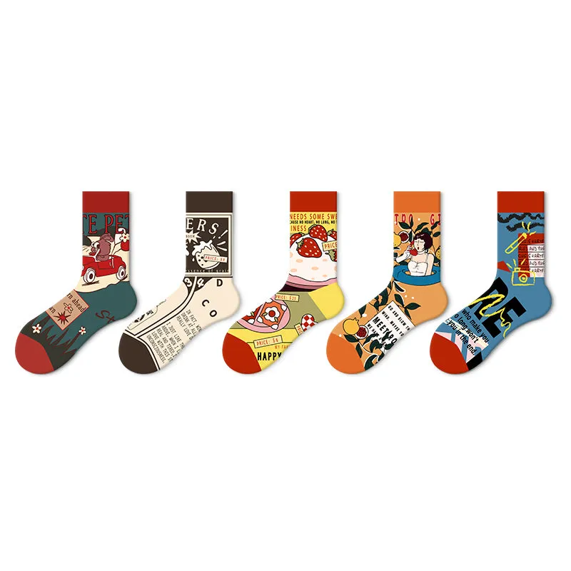 Juwas Artsy Jacquard Socks displaying five different colorful patterns stacked together.