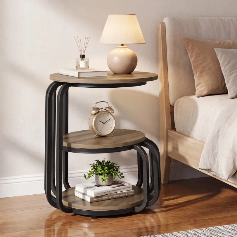 Tribesigns round nightstand with three-tier shelves and black metal frame for bedroom