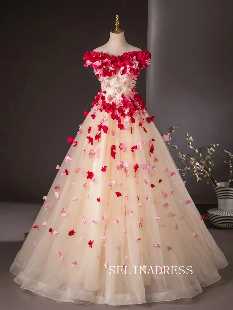Selinadress 3D Flower Long Prom Dress Off-the-shoulder Ball Gown Evening Dress JKL2582 with tiered floral decoration