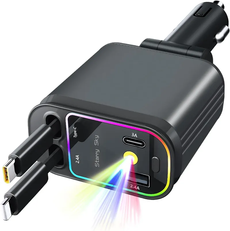 The Pixel Case 5 in 1 Retractable Car Charger showing multiple charging ports with RGB light and starry projection