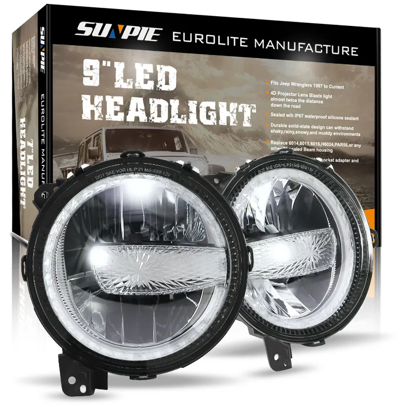 Sunpie 9" DOT OEM LED Headlights with White Halo DRL for 2018-2026 Jeep Wrangler JL/JLU 4xe & Jeep Gladiator JT, pair of round black LED hea