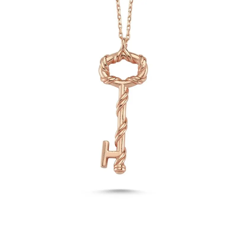 Amorium Jewelry Dainty Key Necklace Pendant in Silver showing intricate miniature key on chain