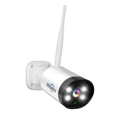 Hiseeu 2K 3MP wireless security camera with two-way audio mounted on outdoor soffit