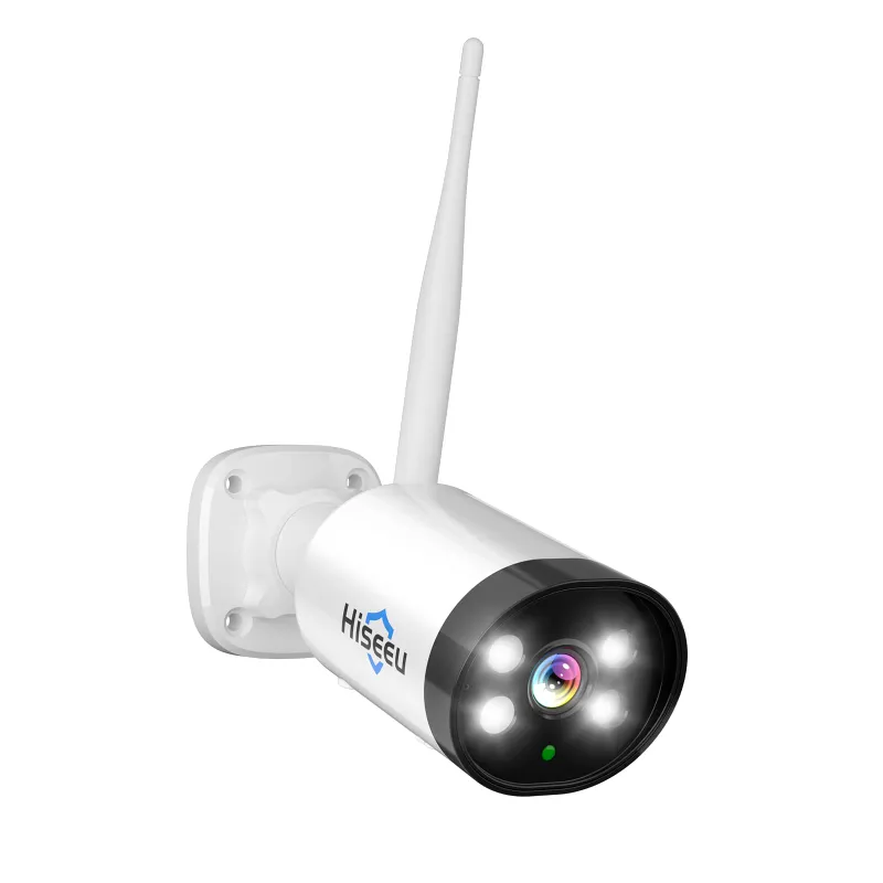 Hiseeu 2K 3MP wireless security camera with two-way audio mounted on outdoor soffit