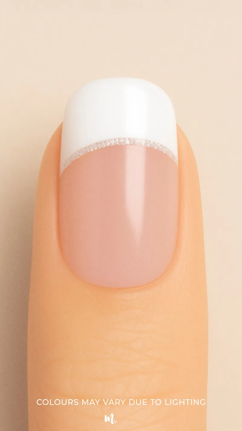 Muselot 'Frosted Charm' French Tip Nail Stickies, white tips with silver shimmer on fingernails
