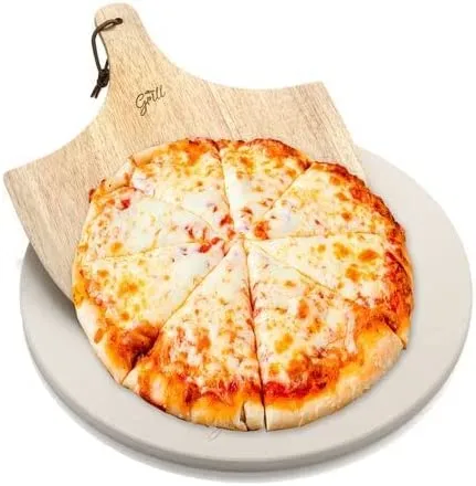 GrillPartsReplacement 15 inch diameter circular pizza stone for oven baking and BBQ grilling with wooden peel