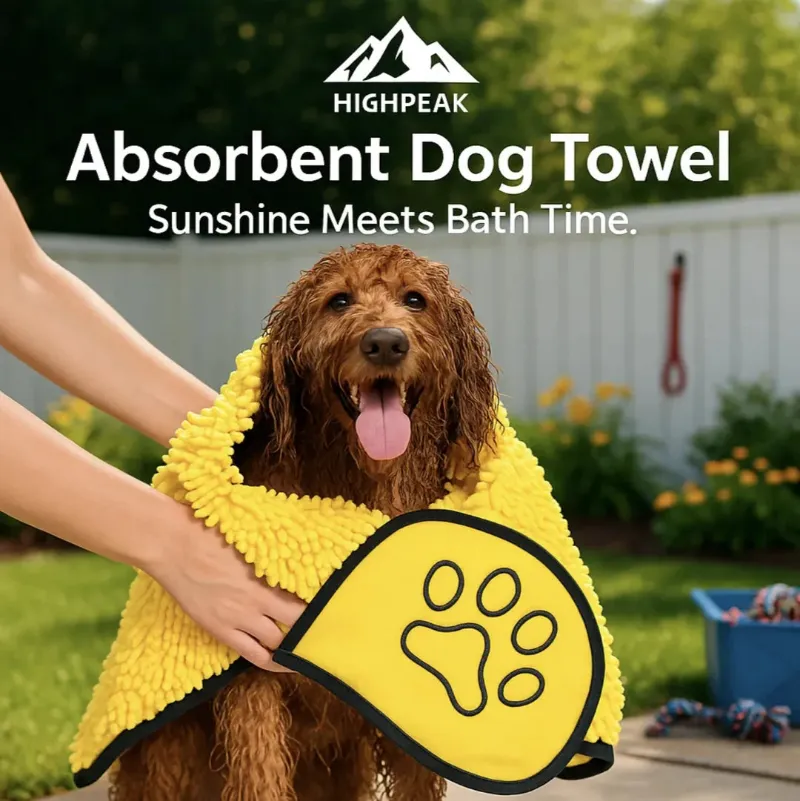 HighPeak Absorbent Dog Drying Towel shown wrapped around a freshly bathed dog
