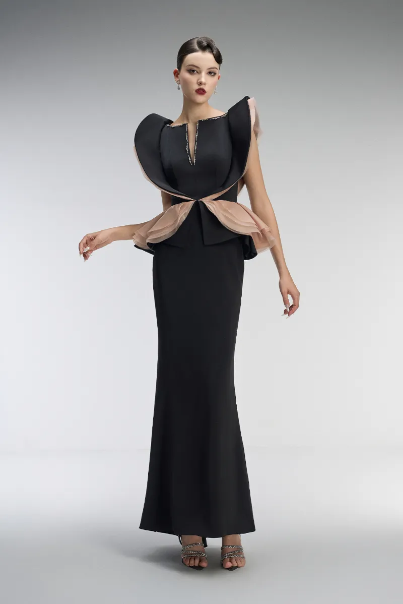 Kalisa Apparition Couture V Neck Pointy Shoulder Maxi Dress front view