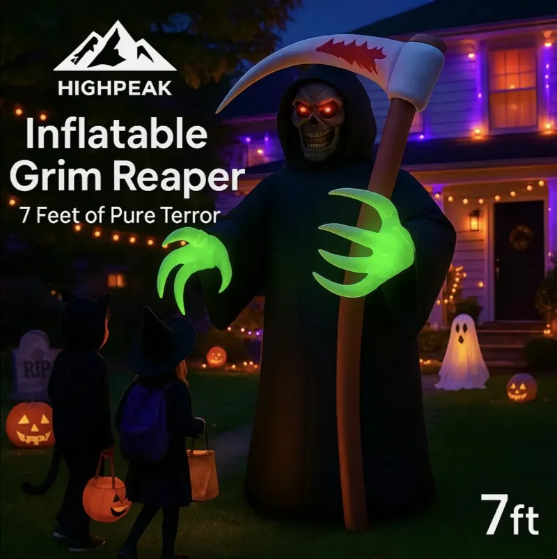 HighPeak 7ft Halloween Inflatable Grim Reaper, a tall glowing reaper with red eyes in a yard at night
