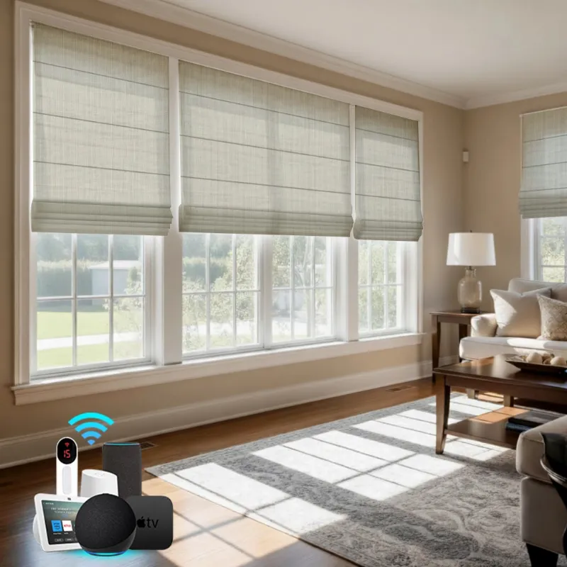 Bringnox Light Filtering 50% Blackout Motorized Roman Shades CrossLoom folded on window