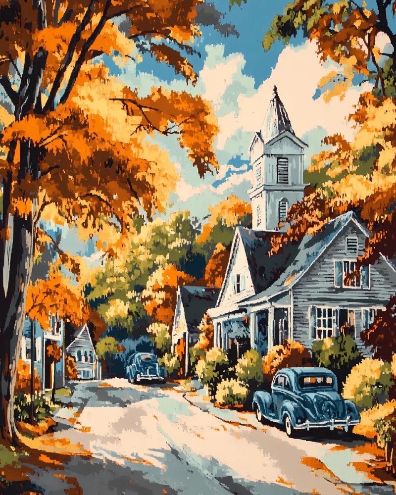 Maikoo Art Autumn Light Shines on the Streets Paint by Numbers kit showing sunlit fall street