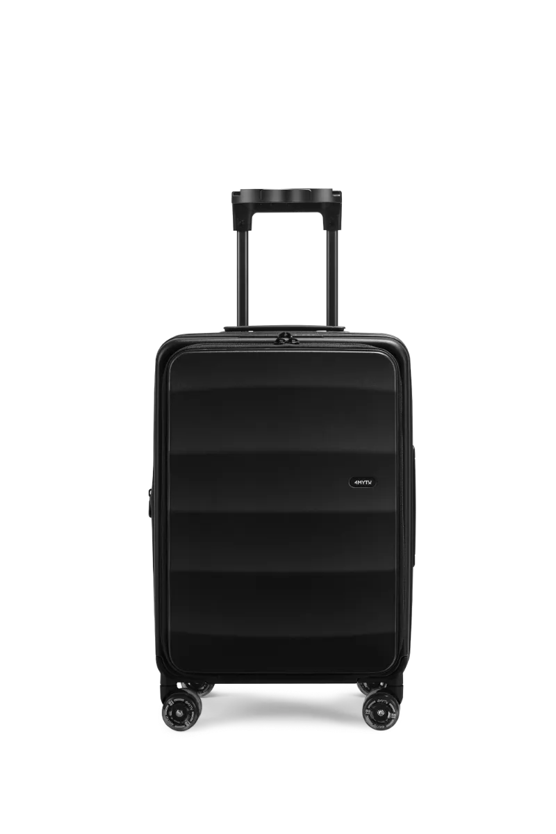 4MYTU Tank Bigger Carry-On in Jet Black front-opening suitcase with spinner wheels