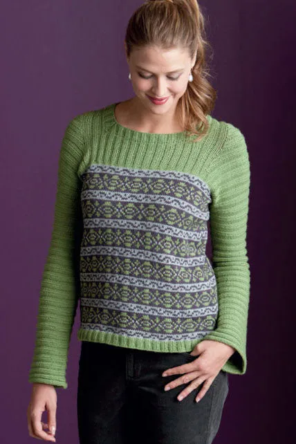 Kristen TenDyke Balance Pullover knitting pattern showing Fair Isle body with ribbed yoke detail