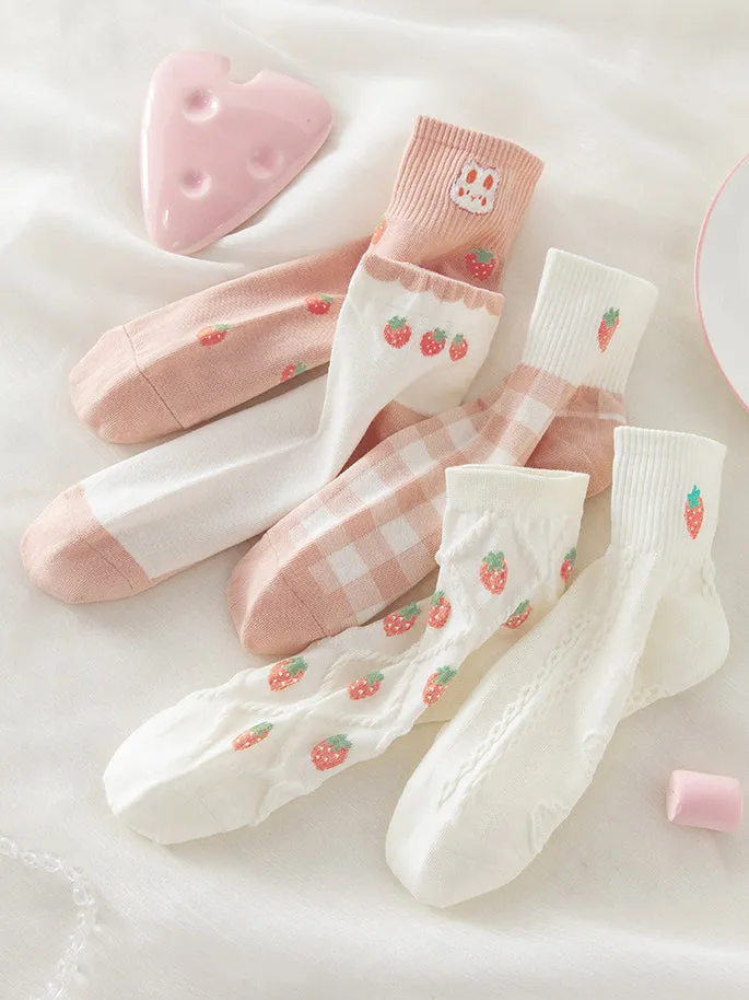 Juwas 5 pairs of cute strawberry bunny spring summer cotton socks in pink and white with strawberry bunny graphics