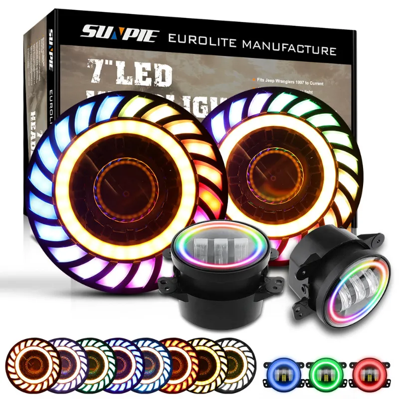 Sunpie 7 inch RGB 3D lens LED headlights with 4 inch RGB fog lights rotating series combo kit for 2007 to 2018 Jeep Wrangler JK JKU