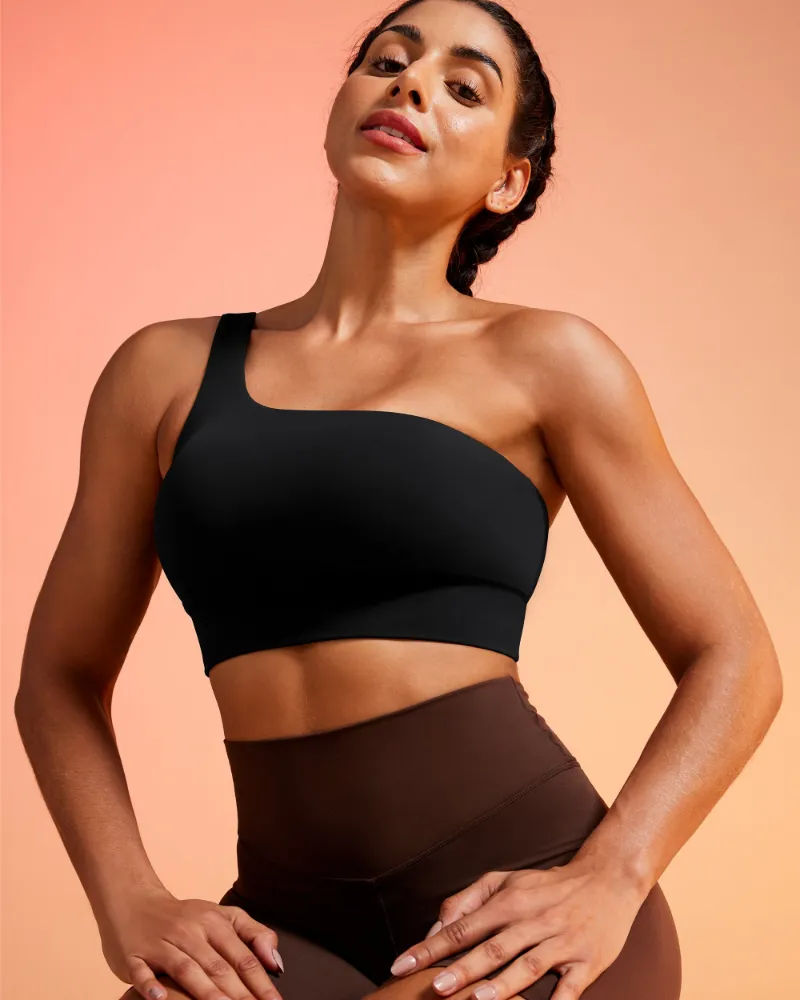 QUEENIEKE BareLuxe One Shoulder Bra, front view with asymmetrical strap