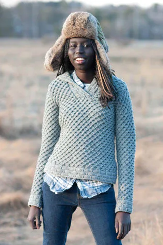 Kristen TenDyke Tundra Pullover showing hooded neckline and textured knit patterns