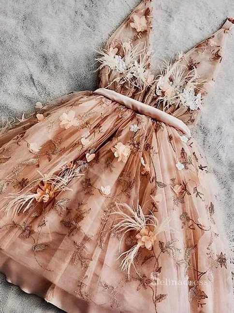 Selinadress 3D Floral A-line Tulle Beautiful V Neck Short Homecoming Dress Spring Outfits RYU043