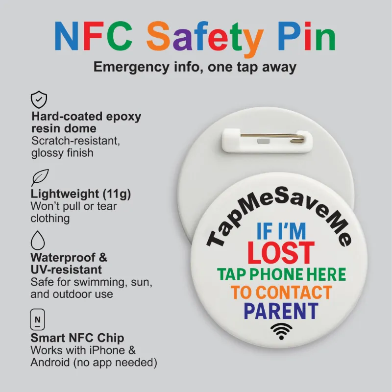 TapMeSaveMe NFC Emergency Child Safety Pin showing sturdy clip attached to a jacket sleeve.