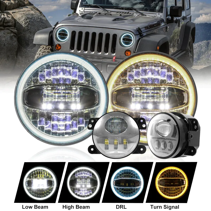 Sunpie 7 inch Halo LED Headlights and 4 inch Fog Lights 3D Lens with White DRL and Amber Turn Signal Combo Kit for 2007-2018 Jeep Wrangler J