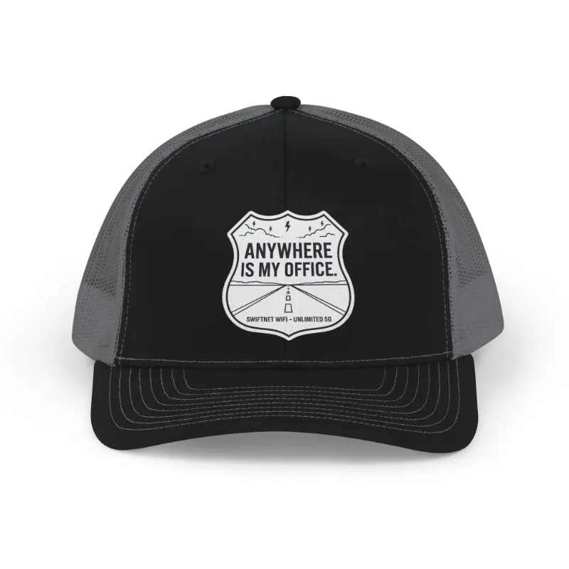 SwiftNetllc Anywhere Is My Office Trucker Cap with remote work patch on structured mesh-back snapback