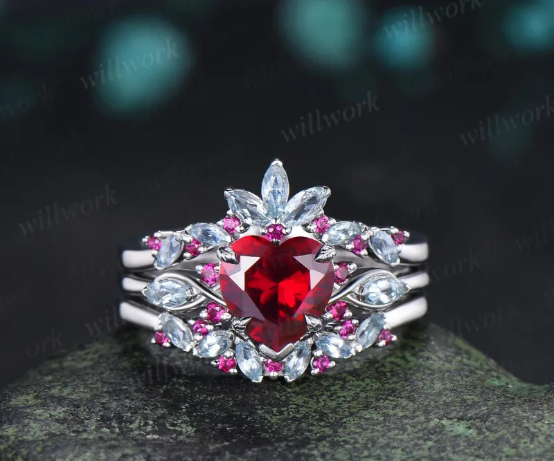 WillWork Jewelry 2ct heart red ruby engagement ring set with aquamarine leaf cluster band